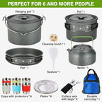 MEETSUN Camping Cookware Set - 37 PCs, Large Size Hanging Pot with Camping Pots and Pans, Camp Cooking Set for 6 People, Mess Kit with Cups, Dishes, Forks, Spoons, Knives for Outdoor Picnic