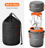 Odoland Camping Pots with Heat Exchanger Camping Cooking Set with Portable Camping Stove Camping Mess Kit Include Mug, Folding Utensil Set, Canister Stabilizer for Backpacking Outdoor Hiking & Picnic