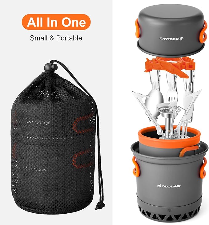 Odoland Camping Pots with Heat Exchanger Camping Cooking Set with Portable Camping Stove Camping Mess Kit Include Mug, Folding Utensil Set, Canister Stabilizer for Backpacking Outdoor Hiking & Picnic