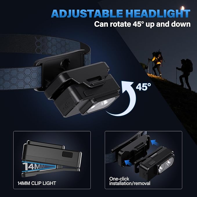 Headlamp Rechargeable 2PCS，Super Bright Motion Sensor Head Lamp with 8 Modes ，Head Lights for Forehead with Clip & Magnetic， IPX7 Waterproof Head Flashlight for Camping, Hunting，Hard Hat