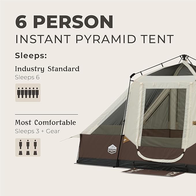 CORE Instant Cabin Tent with LED Lights | Large Family Lighted Pop Up Tent with Carry Bag for Camping, Glamping, and Backyard Adventures | Included Storage Pockets for Camp Accessories
