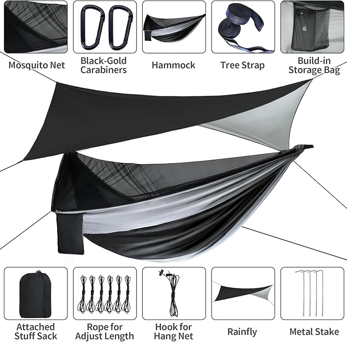 Camping Hammock - Hammocks with Mosquito Net Tent and Rain Fly Tarp, Portable Single & Double Nylon Parachute Hammock with Heavy Duty Tree Strap, Indoor Outdoor Backpacking Survival Travel