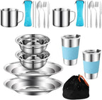 Camping Mess Kit Camping Dishes Set Stainless Steel Tableware Mess Kit Includes Plate Bowl Cup Spoon Fork Knife in Mesh Bags for Camping Backpacking & Hiking for 2 Person