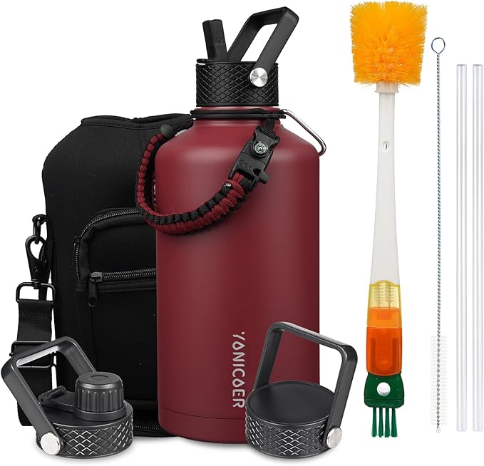 Insulated Water Bottle 87oz,Triple Wall Vacuum Stainless Steel(Dishwasher Safe),Leak Proof & Non-BPA,Flask Jug with Paracord Handle & Straw Spout Lids Sports Red