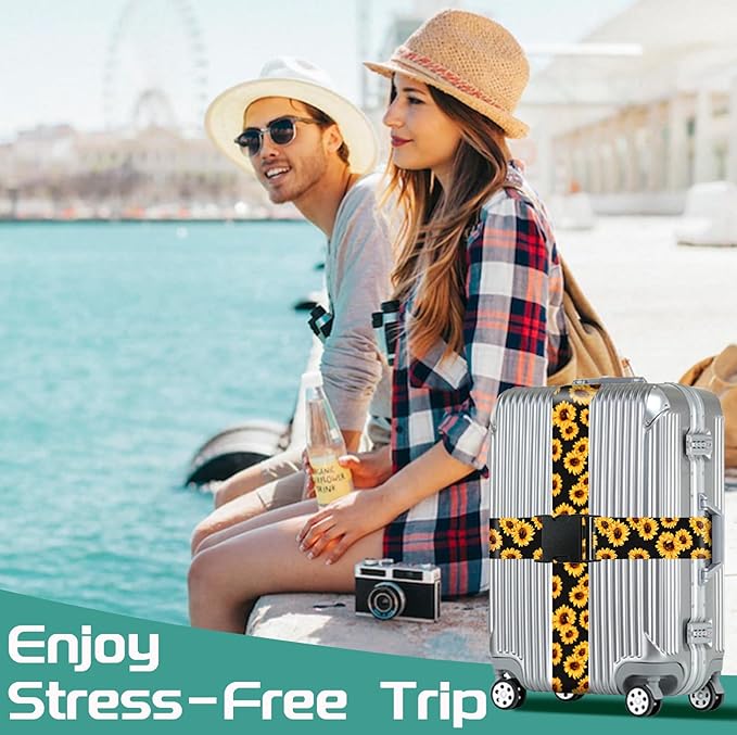 Slohif Luggage Straps for Suitcases Travel Belt Accessories Luggage Connector Identifiers 2 Pack Over Handle with Buckle Unique Nylon Adjustable Strap for Sleeping Bag Car Seat Sunflower