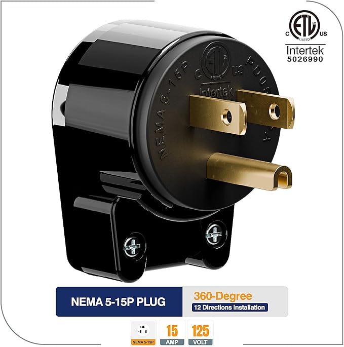 (3PACK) ETL Listed 90 Degree USA Canada Male Plug Nema 5-15P 3 Pole Angle DIY Plug, 15A 125V USA 3Pin Right Angle AC Plug