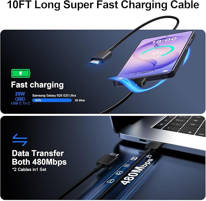 Super Fast Charger Type C, 25W USB C Wall Charger Fast Charging for Samsung Galaxy S26 Ultra/S26/S26+/S25 Ultra/S25/24 Ultra/S24/S23 Ultra/S22 Ultra with 10FT Long Android Type C Charger Cable 2Pack