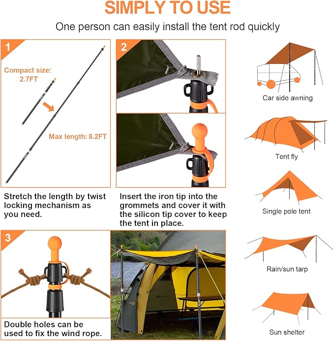 CAMULAND Tent Poles, Heavy Duty Tarp Poles Canopy Poles Aluminum Tent Poles with Non-Slip Cone Bottom, Adjustable Telescoping Tarp Poles
