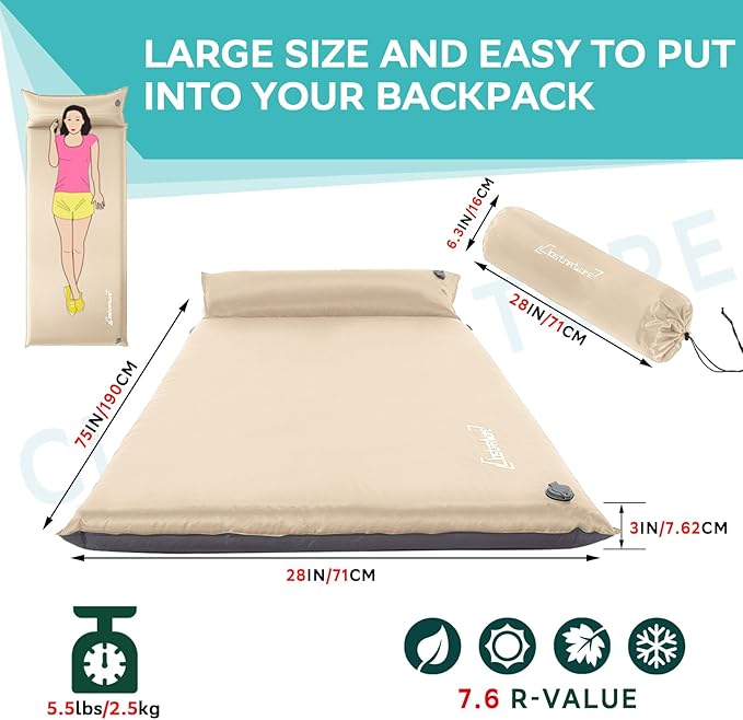 Clostnature Self Inflating Sleeping Pad - 1.5/2/3 inch, Lightweight Inflatable Camping Mattress Pad, Insulated Foam Sleeping Mat for Backpacking, Tent, Hammock