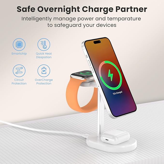 3 in 1 Wireless Charging Station,Detachable Apple Watch Charger & 15W Charger Stand for MagSafe for iPhone, Wireless Charger for Multiple Devices iPhone 16/15/14/13&Watch&AirPods（Blue）