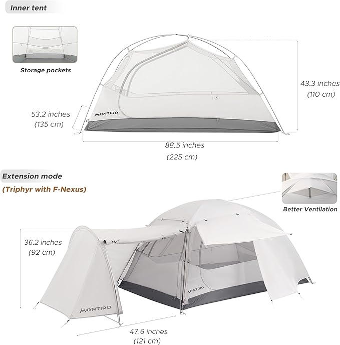 Triphyr Backpacking Tent with F-Nexus Extension 2-Person Combo, Attachable Extension Shelter, Lightweight 2 Person Tent for Backpacking Camping Hiking & Biking