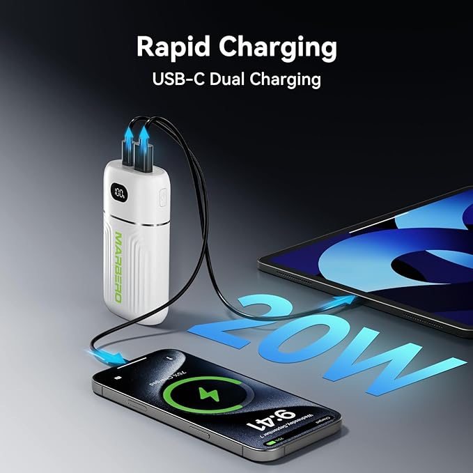 MARBERO Power Bank 10000mAh Compact Portable Charger 5V/3A External Battery PowerBank USB C in & Out Battery Pack Backup Compatible with iPhone iPad Sumsung Galaxy Pixel Google and More (White)