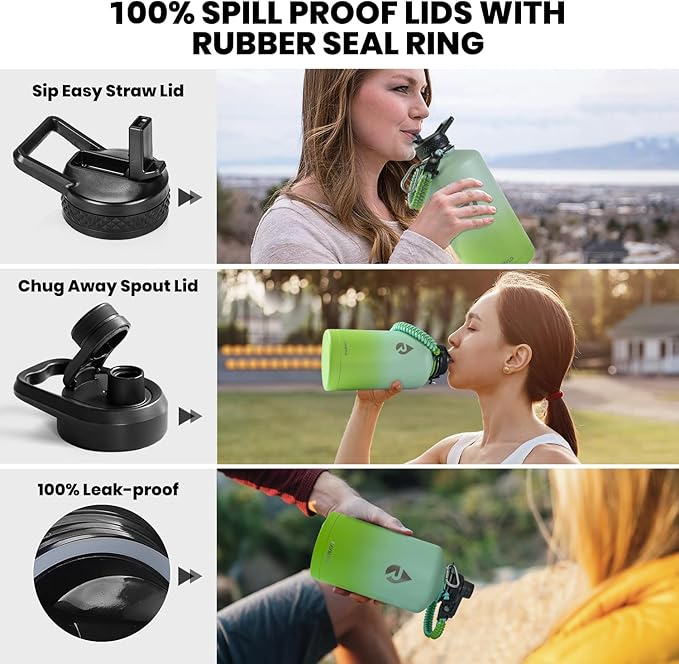 One Gallon Water Bottle Insulated, Triple Walled Vacuum Stainless Steel (Cold for 48 Hrs), Leak Proof & Non-BPA, Large Water Flask Jug with Paracord Handle & Straw Spout Lids