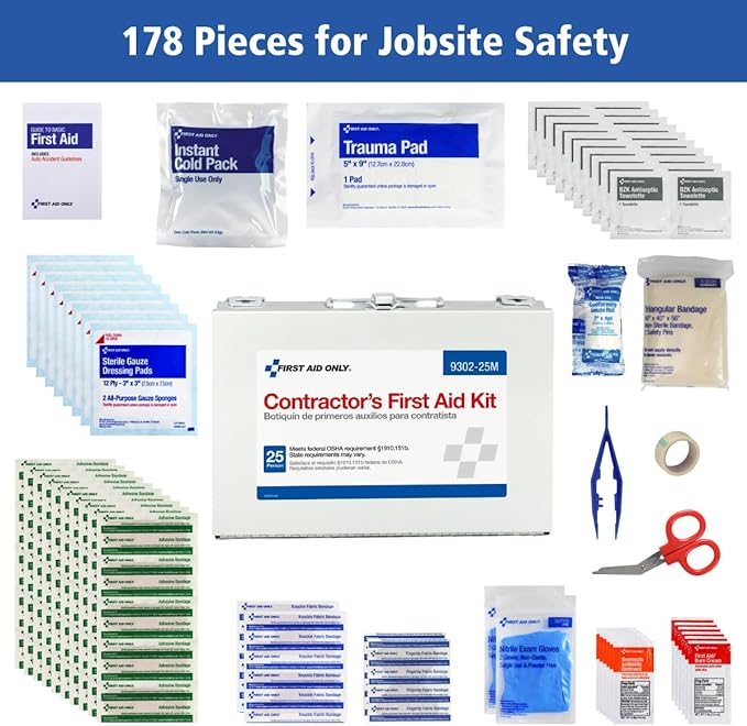 First Aid Only 9302-25M 25-Person Contractor's First Aid Kit for Home Renovation, Job Sites, and Construction Vehicles, 178 Pieces, Pack of 12