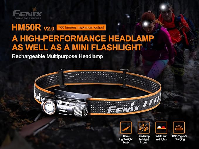 fenix HM50R v2.0 Headlamp, 700 Lumen USB-C Rechargeable Lightweight with White/Red Light, with Lumentac Organizer