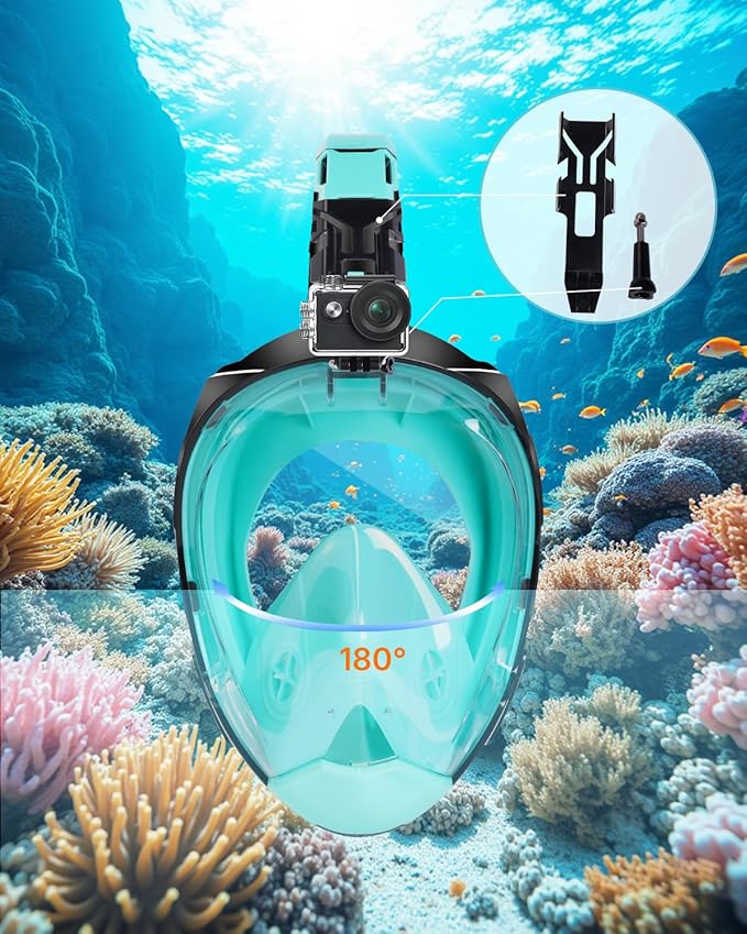 Full Face Snorkel Mask for Adults with Dry Top System 180 Degree Panoramic View Snorkeling Gear with Camera Mount Safe Breathing Anti-Leak Anti-Fog