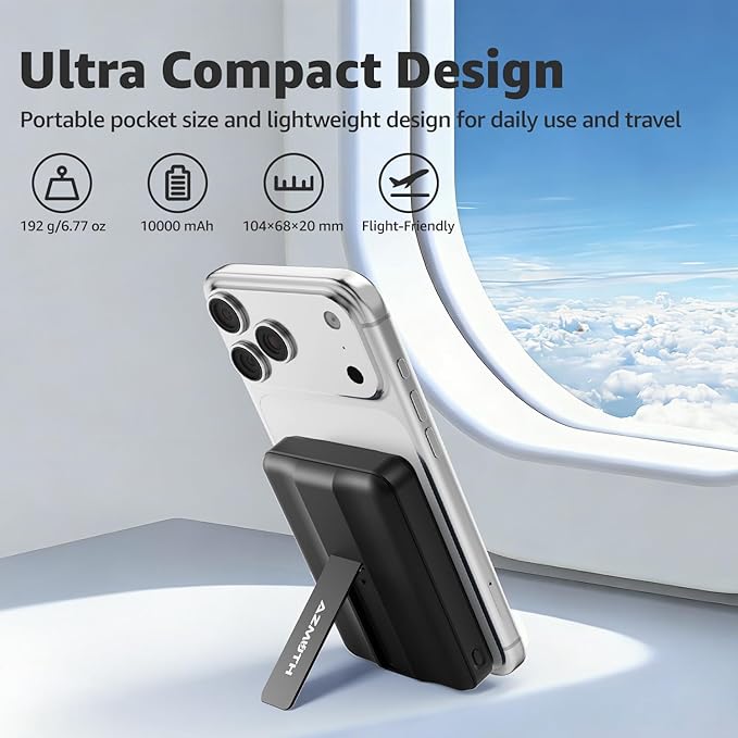 Azmuth Magnetic Wireless Power Bank 10000mAh, 15W Portable Charger Compatible with MagSafe for iPhone 17/16/15/14/13/12 Series Built-in Stand LED Display 20W PD USB-C 22.5W USB-A Black