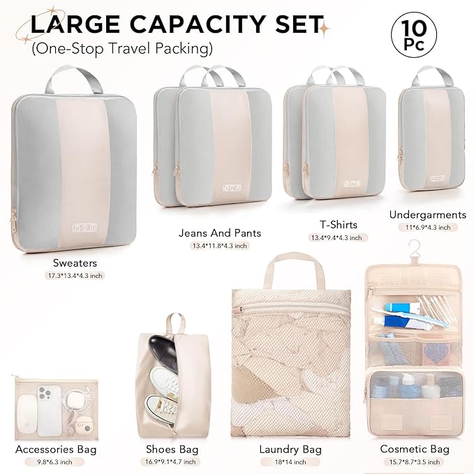 10 Set Compression Packing Cubes for Travel,Luggage Clothes Storage Gifts for Women Mom Her,Airplane/Cruise/Car/Train Travel Essentials,OlarHike Compressible Expandable Saver Space Bags(Beige)