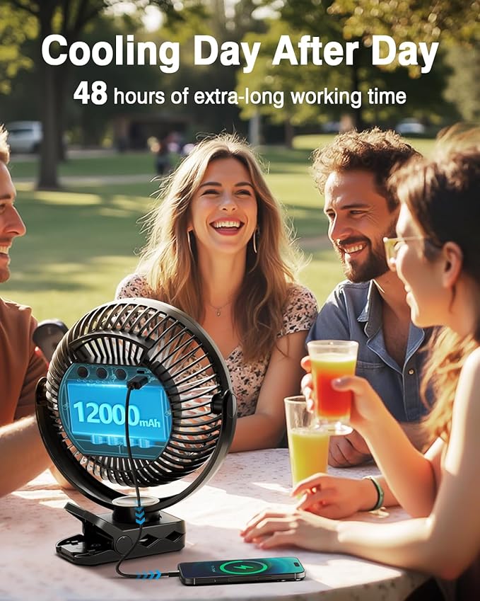 FRIZCOL 12000mAh 8 Inch Portable Clip On Fan Rechargeable, Battery Operated Desk Fan, Camping Fans with lights and Remote, USB Fans Sturdy Clamp for Golf Cart Desk Office Stroller Bedroom Tent