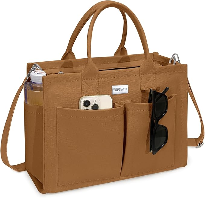 TOPDesign Heavy-Duty Canvas Tote Bag for Women, Adjustable Crossbody/Shoulder Handbag with 9 Pockets, Everything Tote
