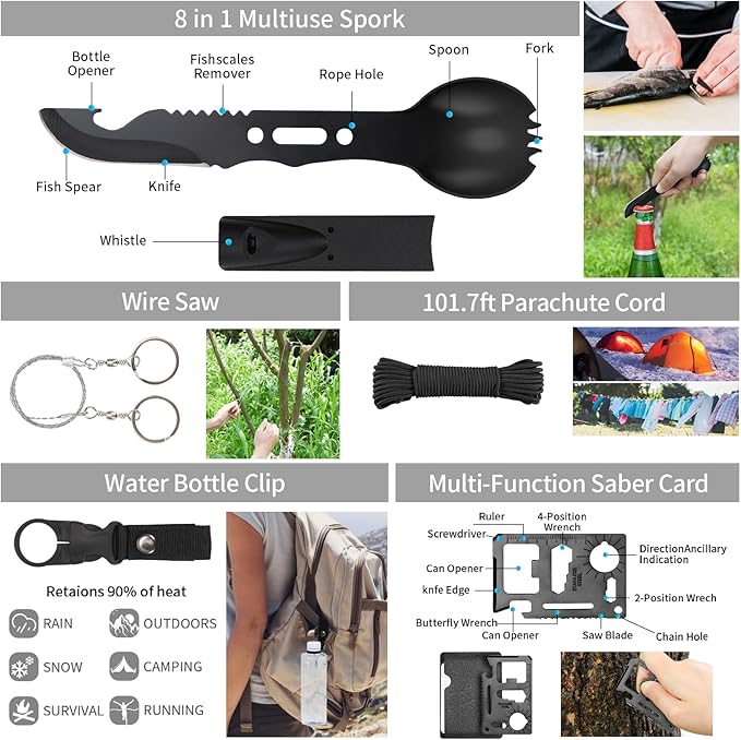 Emergency Survival Kit and First Aid Kit, Camping First Aid Survival Kit with Molle Pouch for Preparedness Outdoor Adventure, Black