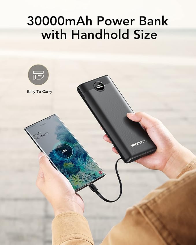 Power Bank 30000mAh, VEEKTOMX 22.5W Fast Charging Portable Charger built in cables, USB C Battery Pack, External Travel Battery Bank Compatible with iPhone, Samsung, Android Devices for Travel(1 Pack)