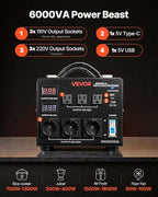 VEVOR Voltage Auto Converter Transformer, 6000VA, Heavy Duty Step Up/Down Power Transformer, 110V to 220V and 220V to 110V, with 3 US Outlets, 3 EU Outlets, LCD Display, Circuit Breaker Protection