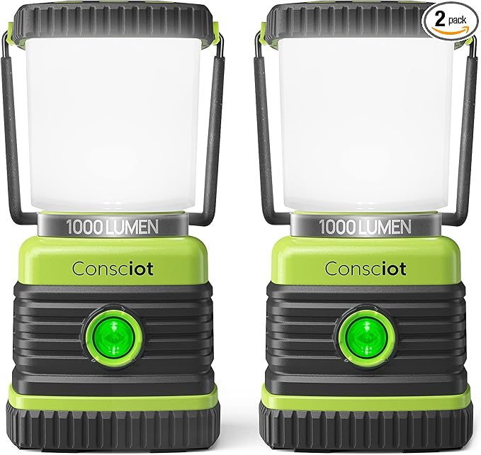 Consciot LED Battery Powered Camping Lantern, 1000LM, 4 Light Modes, IPX4 Waterproof Portable Tent Flashlight for Power Outages, Emergency, Hurricane, Hiking, Light Green, 2-Pack