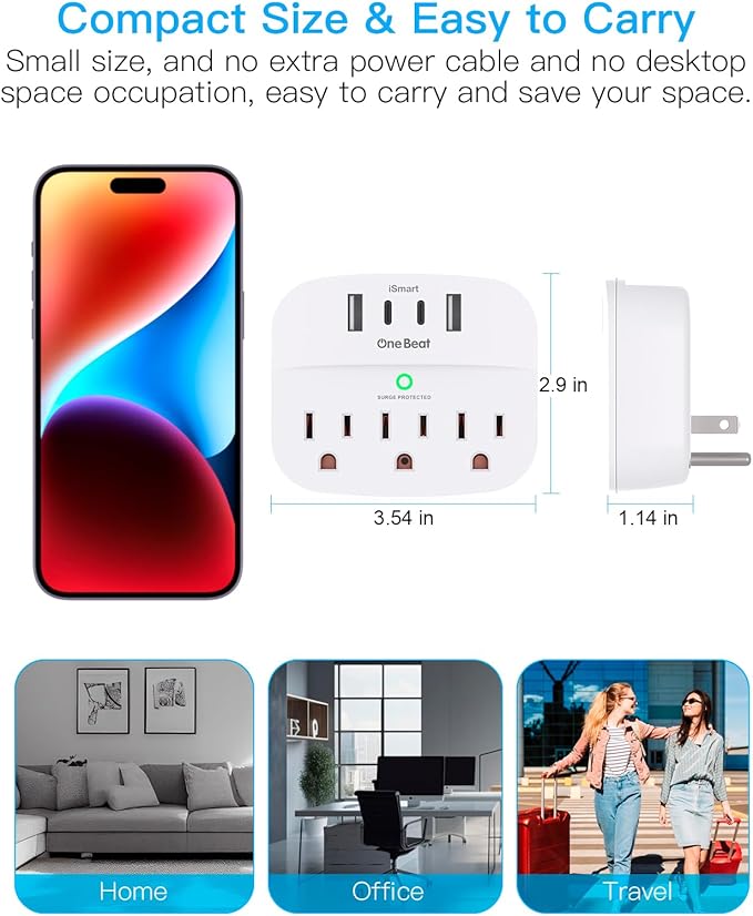 1 Pack Multi Plug Outlet Splitter, 490J Surge Protector Outlet Extender with 3 AC Outlets and 4 USB Wall Charger (2 USB C Ports), Small Adapter for Dorm Room and Travel Essentials, ETL Listed, White