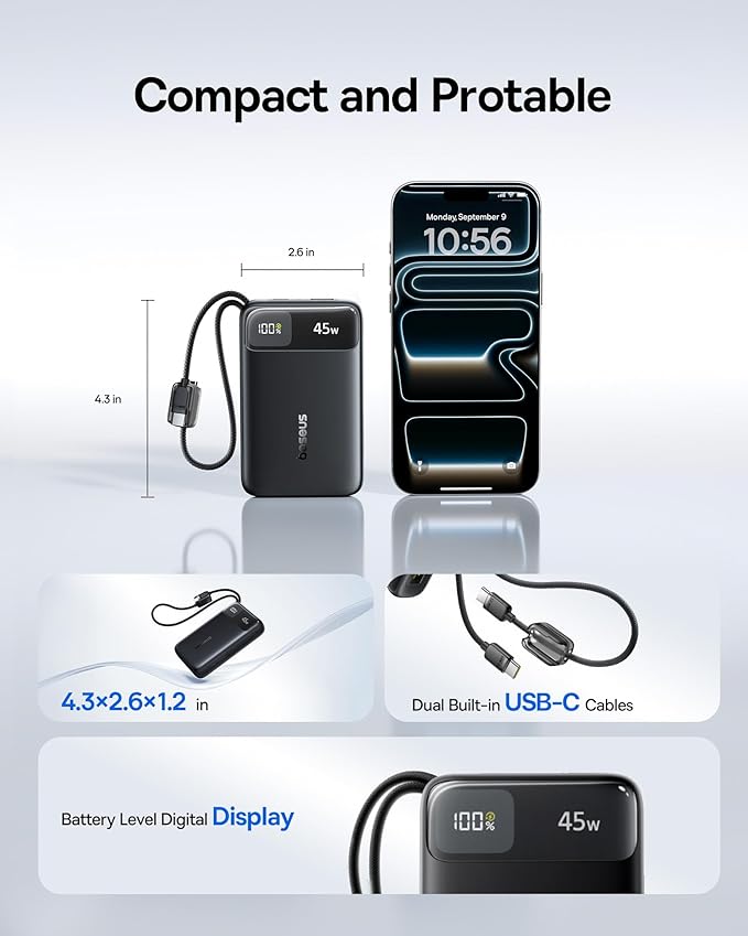 Baseus Picogo 0.5" Ultra Slim 10000mAh MagSafe Portable Charger Bundle 20000mAh Compact Portable Charger 45W, CCC Certified Power Bank Built-in USB-C Cables