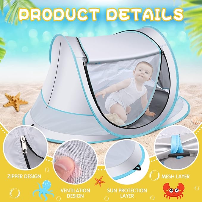 Baby Beach Tent,Large Pop Up Beach Tent Sun Shade for Beach,Portable Baby Travel Tent with Mosquito Net,Indoor Baby Play Tent,UPF 50+ UV Protection Sun Shelters for Infants