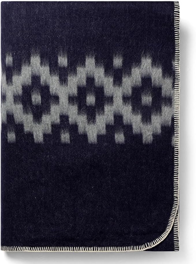 Thick Alpaca Wool Blanket Heavyweight Camping Outdoors Indoors Soft Peru Queen Size Ethnic Design (Navy Blue - Soft Gray, Queen Size)