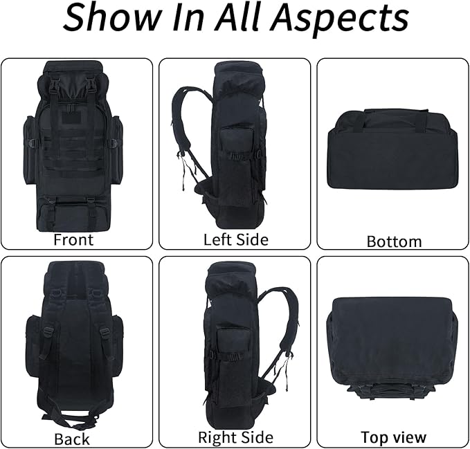 80L Hiking Backpack Camping Travel Daypack Waterproof Adjustable Extra Large Backpack Climbing Trekking Outdoor Sport Bag Molle Rucksack for Men Women (Black)