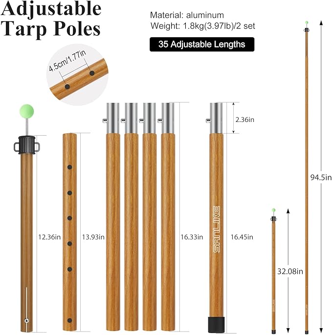 SAN LIKE Tarp Pole Camping Tent Poles Aluminum Telescopic Poles for Canopy Awning Shelter Backpacking Hiking 4/6 Section Easy Assembly Lightweight Adjustable from 50/29 in to 113.39/82.68 in (2 Set)