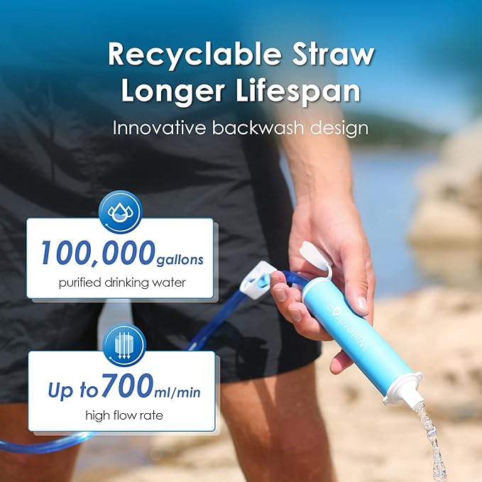 Waterdrop Gravity Water Filter Straw, Camping Water Filtration System, Water Purifier Survival for Travel, Backpacking and Emergency Preparedness, 1.5 gal Bag, 0.1 Micron, 5 Stage Filtration, Blue