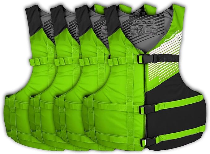 Stohlquist Universal Fit Adult Life Jacket PFD (4 Pack) Coast Guard Approved, for Men and Women 90+ lbs, Lightweight Neoprene and Adjustable, Ideal for Boating, Kayaking & Water Sports