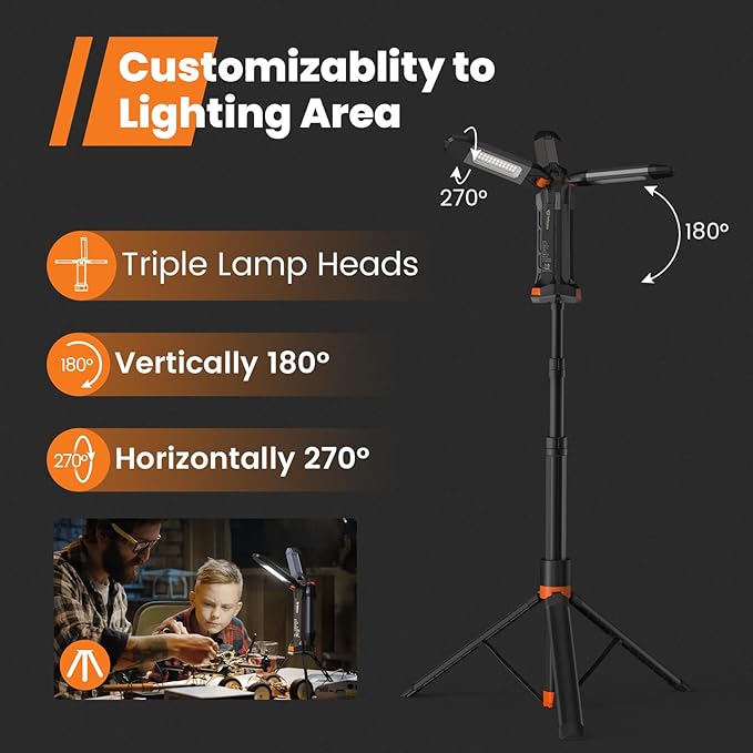 2025 Rechargeable Work Light with Stand, 4 in 1 Cordless Camping Light, 700/1200/2200 Lumens, 4000/6500K Dimmable LED Work Lamp with Detachable Tripod（Grey）