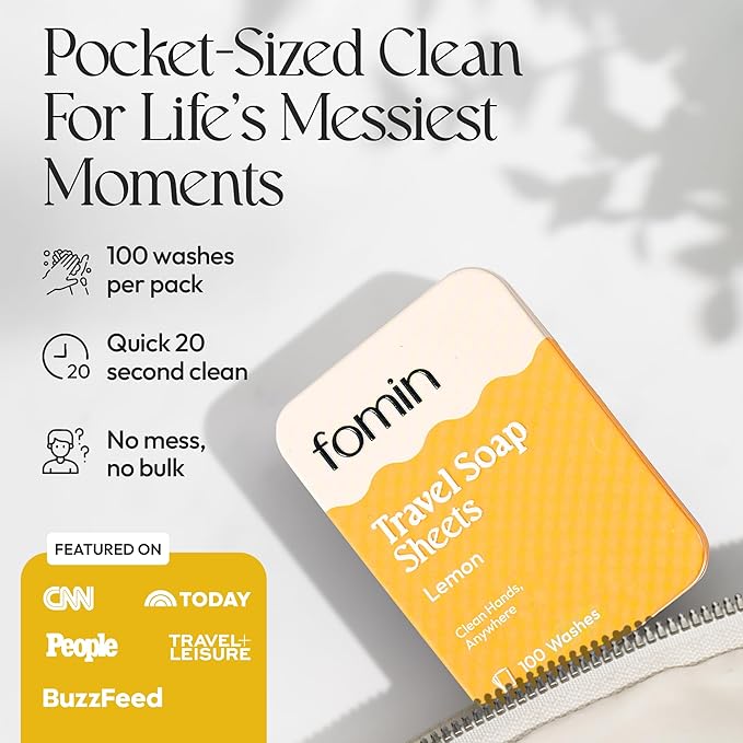 FOMIN - Antibacterial Paper Soap Sheets for Traveling - 100 Lemon Portable Hand Soap Sheets for Travel in Tin - Dissolvable Mini Portable Travel Soap Sheet for Hand Washing, Camping and Hiking