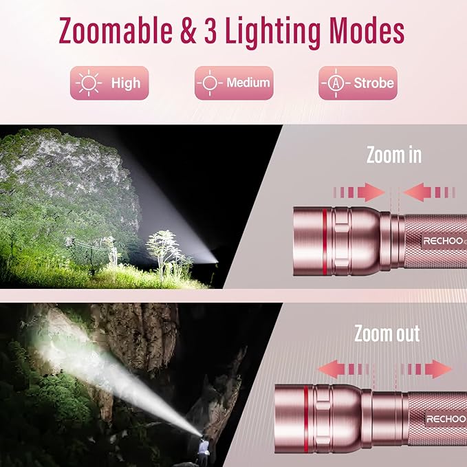 Rechargeable Flashlights High Lumens, G1000 Super Bright Flash Light Pink, Small Zoomable LED Flashlight with 3 Lighting Modes, Portable Tactical Flashlight for Camping Essentials, Gift for Women
