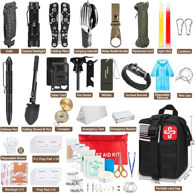 238Pcs Emergency Survival Kit and First Aid Kit, Professional Survival Gear Tool with Tactical Molle Pouch and Emergency Tent for Earthquake, Outdoor Adventure, Camping, Hiking, Hunting