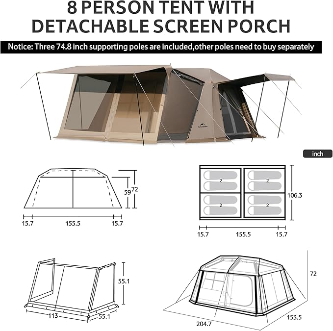 Naturehike Village Instant Tent, 4 Person 8 Person Camping Tent with Full Rainfly, Waterproof Large Cabin Tents for Car Camping