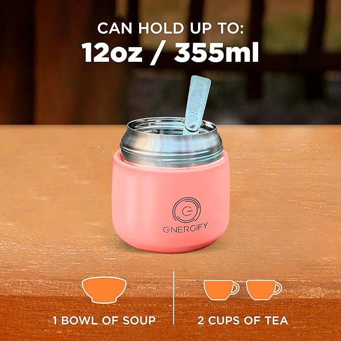 Vacuum Insulated Food Jar. Large 12oz Bowl incl. Folding Spoon, Cup. Wide Mouth Keep Hot & Cold Drinks Soup thermo Lunch Container for Adults. BPA-Free Stainless Steel, Leak Proof Antique Pink