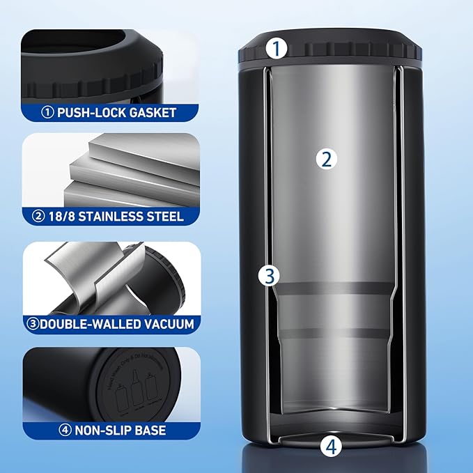 3 in 1 Slim Can Cooler for 12 OZ Skinny Can, Regular Can & Beer Bottle - Keep Cold for 6 Hours - Double Walled Insulated Stainless Steel Vacuum Beverage Can Insulator (Matte Black)