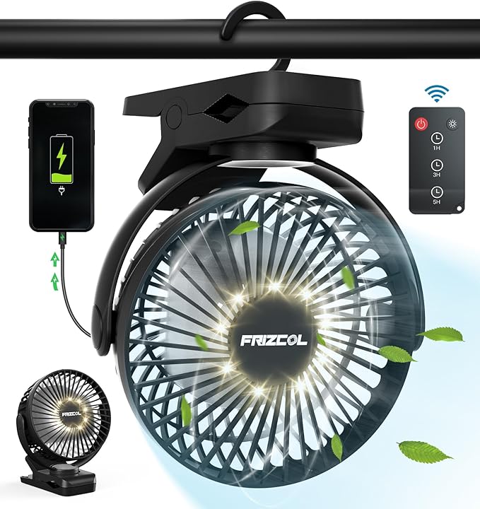 Portable Clip on Fan 65 Working Hours, Camping Fans with LED Lights & Hook, 12000 Capacity Battery Operated Fan with Clamp, USB Rechargeable for Desk, Tent, Treadmill, Stroller, Golf Cart, Home