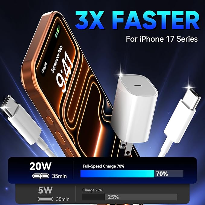 Phone 17 16 15 Pro Charger Fast Charging, 20W USB C Fast Charger Block with 12FT Long Type C Chargers Fast Charging Cable Cord for Phone 17/17 Pro/17 Pro Max/Air/16 Pro Max/16 Pro/15Pro Max/Pro, S24