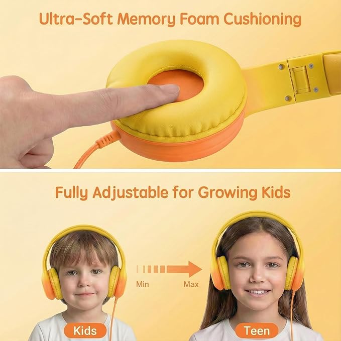 ADOOPE Wired Kids Headphones with USB C Plug, 85dB Safe Volume, Adjustable Headband, Tangle-Free Cord Headphones for School, Tablet, Travel (Yellow & Orange, with Microphone)