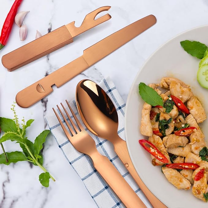 Camping Silverware Copper/Rose Gold Flatware Stainless Steel Eating Utensils Set Travel Portable Knife Fork Spoon Bottle Opener 4 Pieces Multi-functional Durable