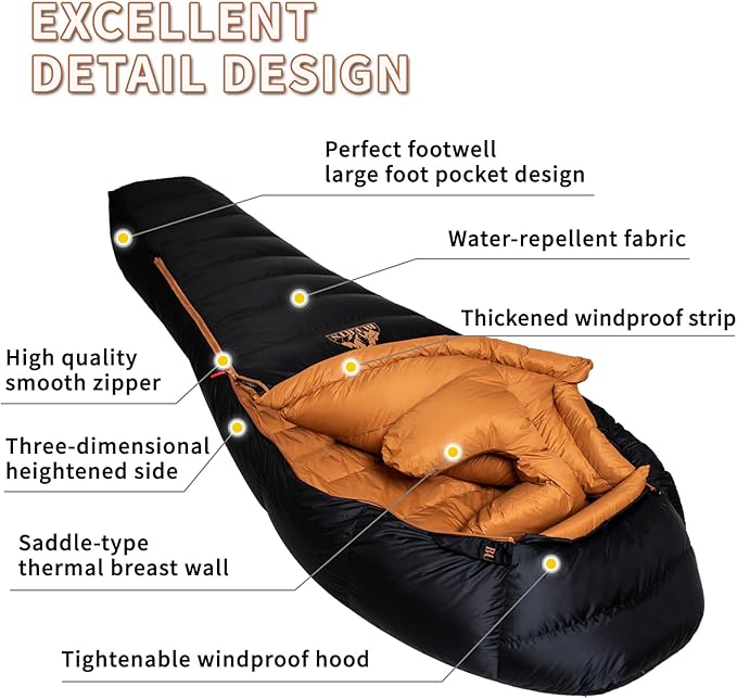 Down Backpacking Sleeping Bag for Cold Weather 45°F to -11°F, XXL Large Ultralight Sleeping Bag Ideal for Adults Camping, Hiking and Backpacking.