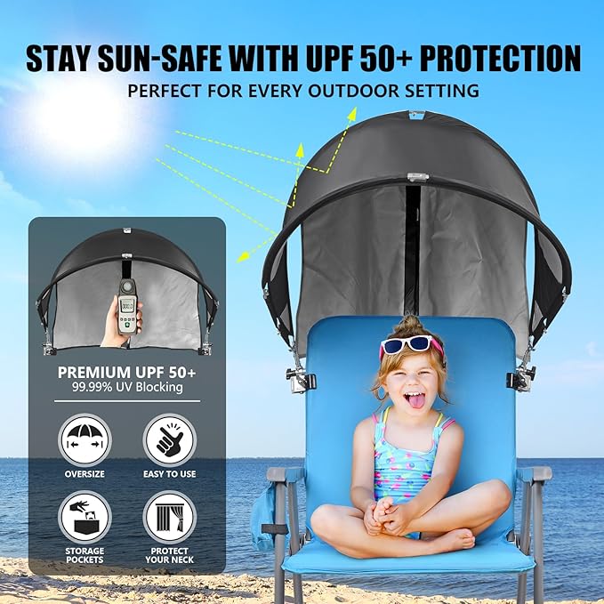 XL Universal Chair Canopy Umbrella, UPF 50+ Foldable Sun Shade Attachment with Adjustable Clamp, Fits Most Brands’ Beach, Camping, Lawn, Tanning, Zero Gravity, Lounge & Fishing Chairs
