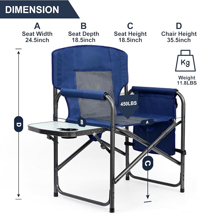 Directors Chair, Camping Chairs for Adults, Heavy Duty Side Table, Lawn Chairs with Side Pockets Carry Straps